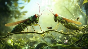 两只绿蚱蜢的对视时刻