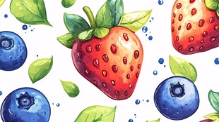 水彩风草莓蓝莓绿叶图案