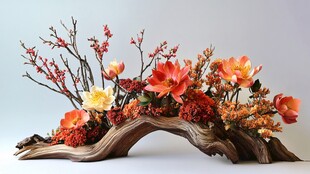 创意枯木插花艺术作品