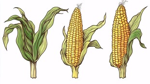 手绘玉米植株与玉米棒