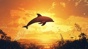 夕阳下跃出海面的灵动海豚