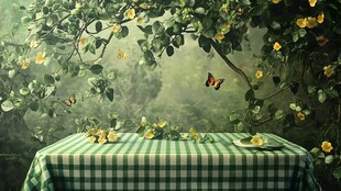 梦幻绿藤下的格子桌景