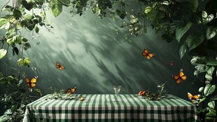 森林中的格子桌与飞舞蝴蝶