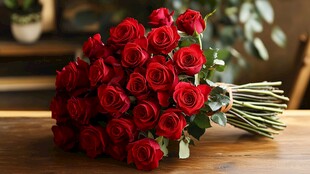 鲜艳红玫瑰束装点桌面