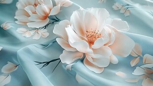 淡蓝底粉白花卉丝绸面料