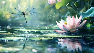 蜻蜓点水伴荷花美景