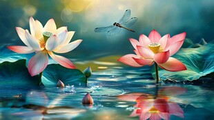 荷塘蜻蜓伴荷花之景