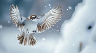雪中飞鸟展翅瞬间