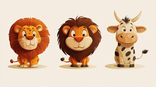 可爱狮子与斑点牛插画