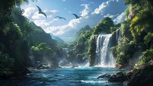 梦幻山水间飞鸟瀑布奇景