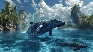 奇幻水域中的巨鲸与景观