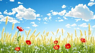 蓝天麦田中的绚烂花朵