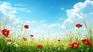 蓝天草地间的艳丽红罂粟