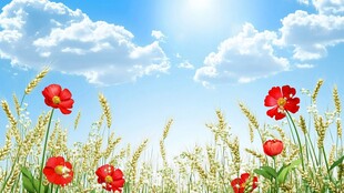 阳光下的花海与麦浪