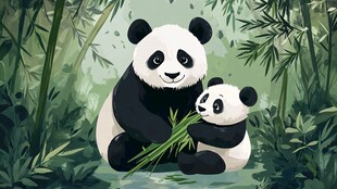 熊猫母子竹林享食趣