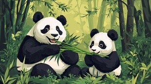 熊猫母子竹林享食趣