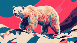 北极白熊立于多彩山峦间