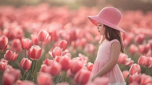 粉帽女孩漫步粉色郁金香田
