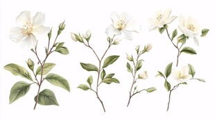 手绘白色茉莉花植物插画
