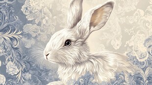 优雅白兔于复古花纹背景中