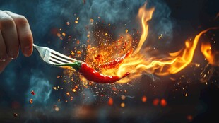 火焰叉子上的火辣红辣椒