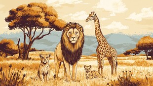 草原上的狮群与长颈鹿