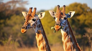 双长颈鹿于野外进食瞬间