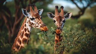 两只长颈鹿在自然中进食