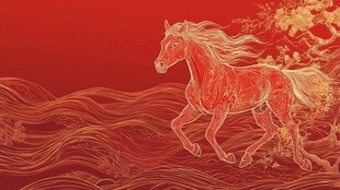 红底奔马国风插画