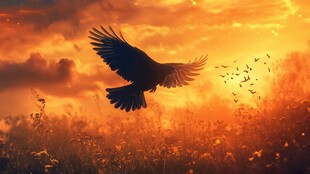 夕阳下飞鸟翱翔壮美景观