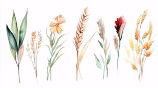 手绘花卉麦穗组合插画