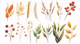 水彩秋季植物元素集合