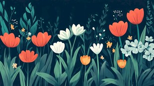 夜下缤纷花卉插画