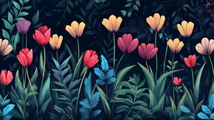 暗夜郁金香花卉插画