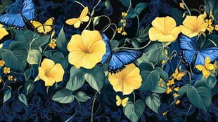 蓝蝶黄花交织的梦幻图案