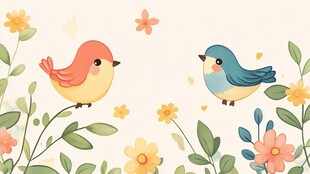 两只小鸟栖于繁花绿叶间