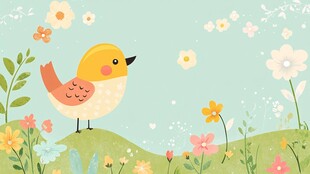 小鸟立于繁花绿草间