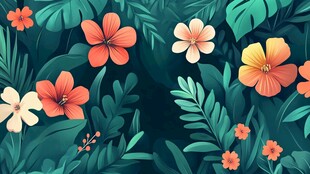 热带花卉与绿叶插画