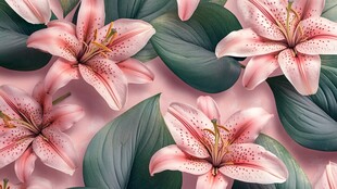 粉色百合花与绿叶图案