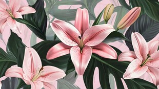 粉色百合花与绿叶花卉图案