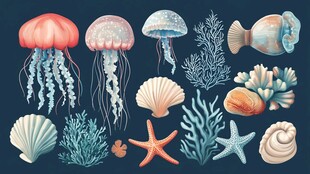 海洋生物与贝壳珊瑚集合