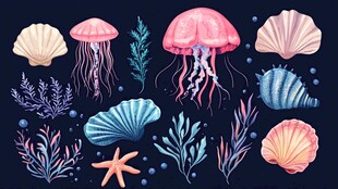 海洋生物贝壳水彩插画