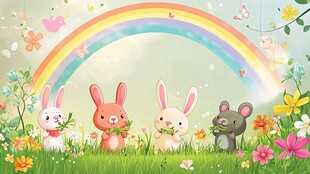 彩虹下的萌宠与烂漫花丛