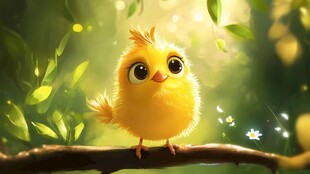 可爱小黄鸡栖息绿荫枝头