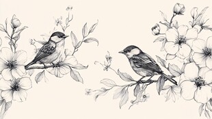 花鸟黑白插画 双鸟栖花枝