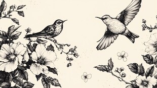 花鸟黑白插画 双鸟栖花间