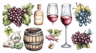 手绘葡萄酒元素插画