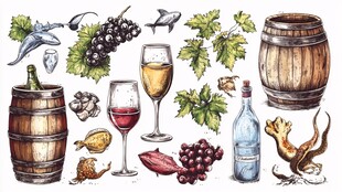 葡萄酒相关元素手绘插画