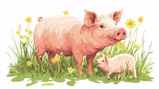 猪妈妈与小猪的温馨画面