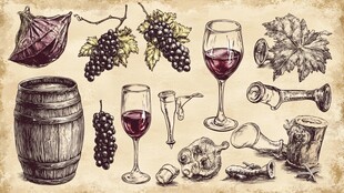 复古葡萄酒元素手绘插画